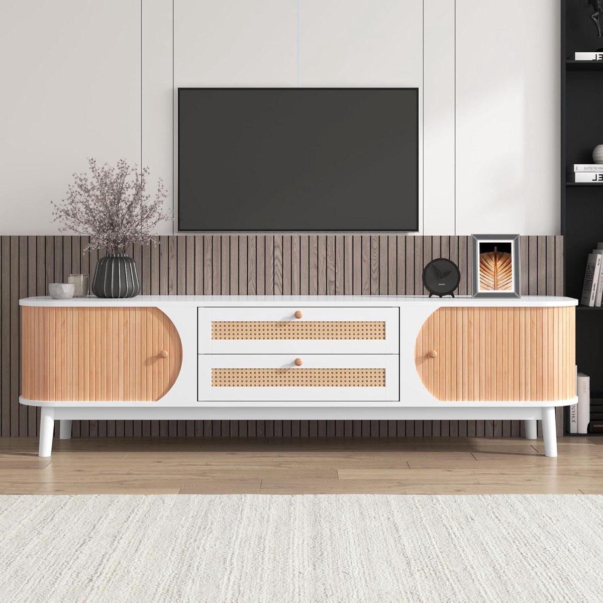 Tv-kast met rotan deuren - Tv meubel mediakast - Woonkamer opbergen - Massief houten frame