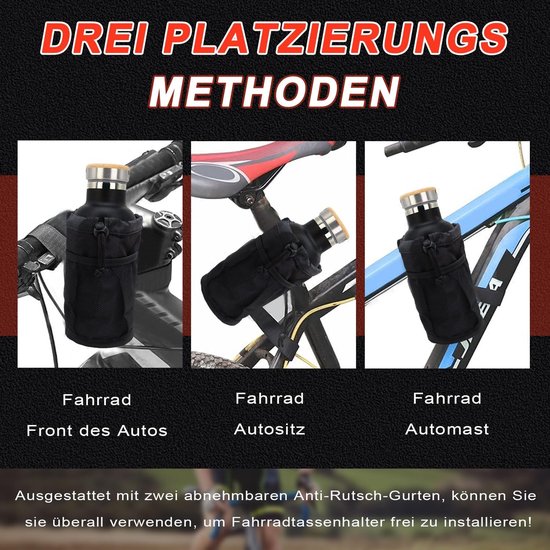 Bidonhouder Fiets - met Mesh Zakken Telefoon - fietsopbergtas - Flessenhouder - Bekerhouder - met Klittenband - voor Racefiets, Mountainbike, Kinderwagen en Buggy - Zwart — afbeelding 5