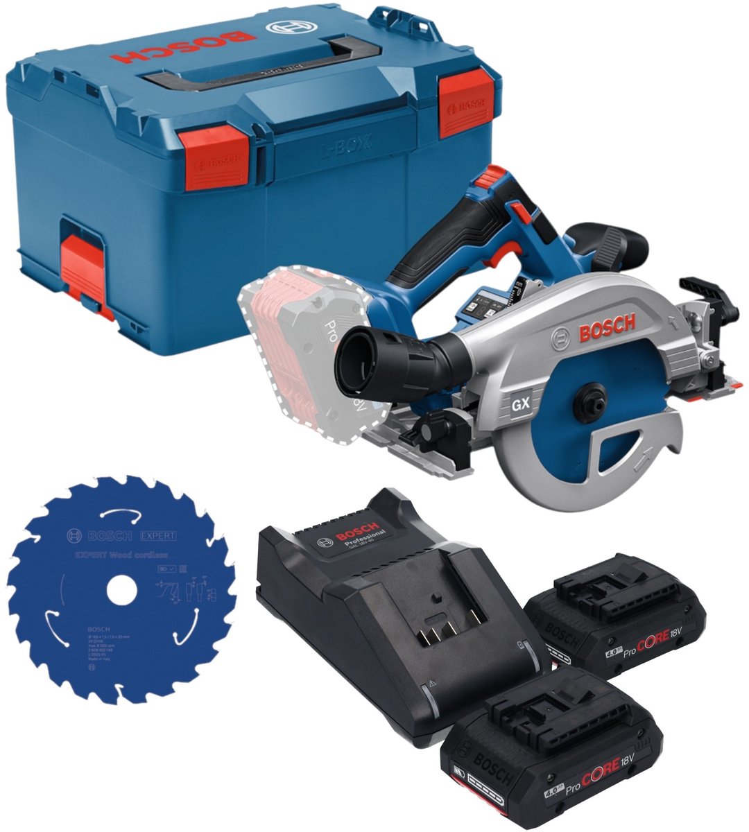 Bosch GKS 18V-57-2 GX Professional accu-cirkelzaag 18 V 165 mm borstelloos + 2x ProCORE-accu 4,0 Ah + oplader + L-Boxx