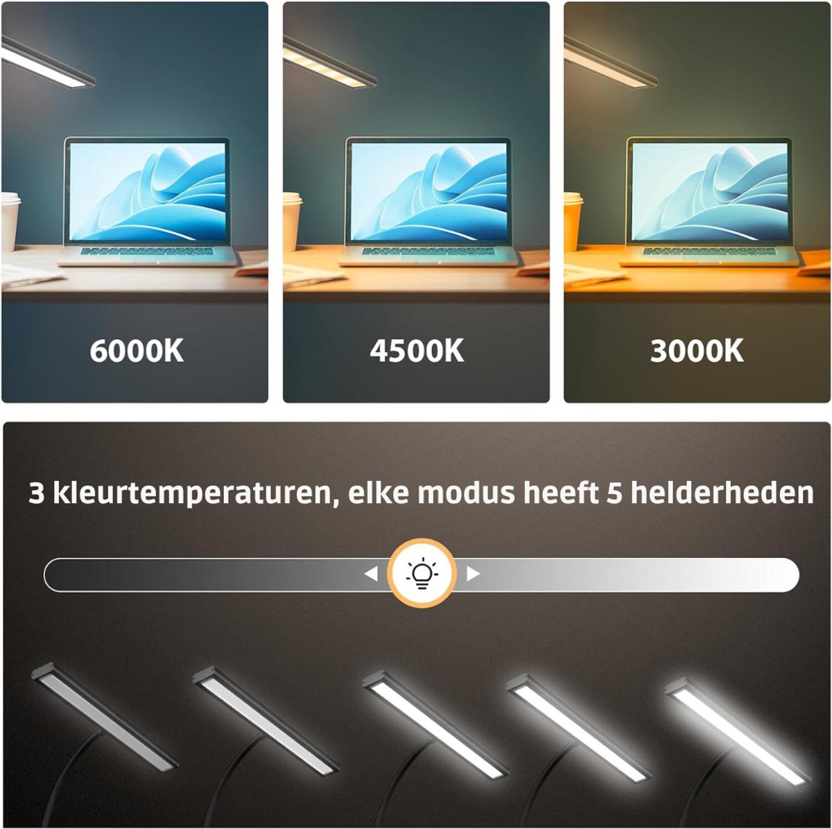 TIM® Bureaulamp led dimbaar daglicht - USB oplaadbaar - 10 kleurenfuncties - Daglichtlamp - met Afstandsbediening - Lichttherapielamp - Hobby lamp voor schilderen, puzzelen – UV-Vrij - Tafellamp/lamp staand - Zwart - ‎5cm x 40cm x 70cm thumbnail 4