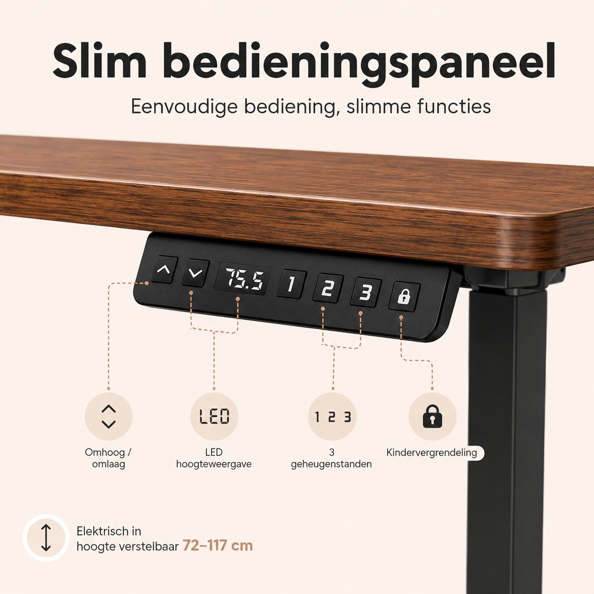 YYchan Zit Sta Bureau Elektrisch 120x60 - Gaming Bureau - Elektrisch verstelbaar - Tafelblad uit één stuk - Geheugenbediening, Stabiel T-Frame, met Koptelefoonhaak - Hoogteverstelbaar 72–118 cm - Walnoot Zwart thumbnail 4