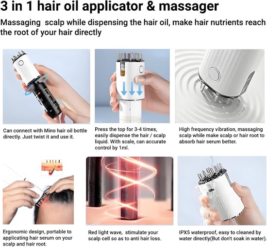 2-in-1 Hoofdhuidmassager & Haarolie-applicator - 3 vibratiestanden, 70ml fles & 2ml precisiedispenser, USB-C oplaadbaar, Roodlichttherapie - Cadeau voor vrouwen en mannen — afbeelding 5