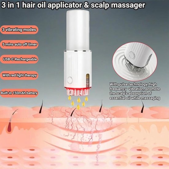 2-in-1 Hoofdhuidmassager & Haarolie-applicator - 3 vibratiestanden, 70ml fles & 2ml precisiedispenser, USB-C oplaadbaar, Roodlichttherapie - Cadeau voor vrouwen en mannen — afbeelding 2