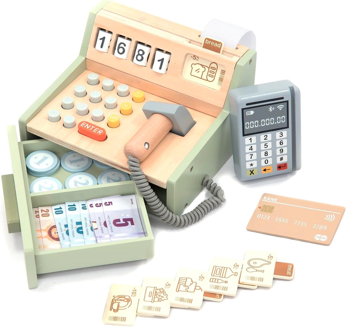 Houten Kassa voor Kinderen – Inclusief Accessoires (Scanner, Betaalterminal, Speelgeld, enz.) – Rollenspel Winkel & Accessoires voor Kinderen van 3, 4, 5 en 6 Jaar