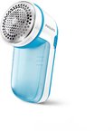 Philips pluizenverwijderaar, blauw en wit met metalen gaasje en doorzichtige opvangbak.