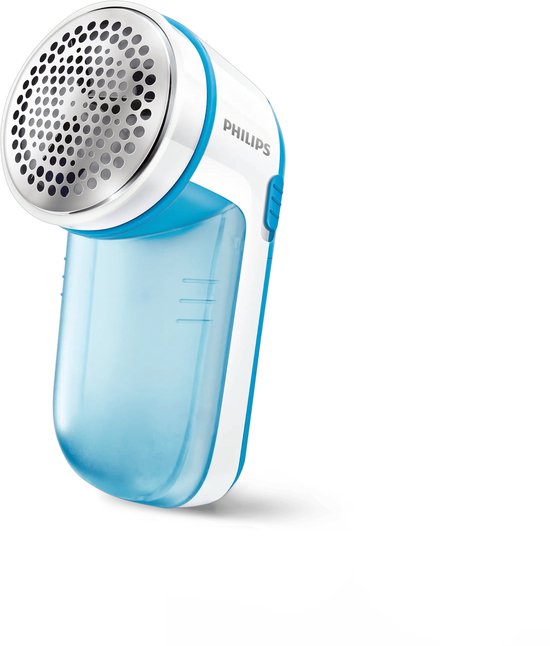 Philips pluizenverwijderaar, blauw en wit met metalen gaasje en doorzichtige opvangbak.
