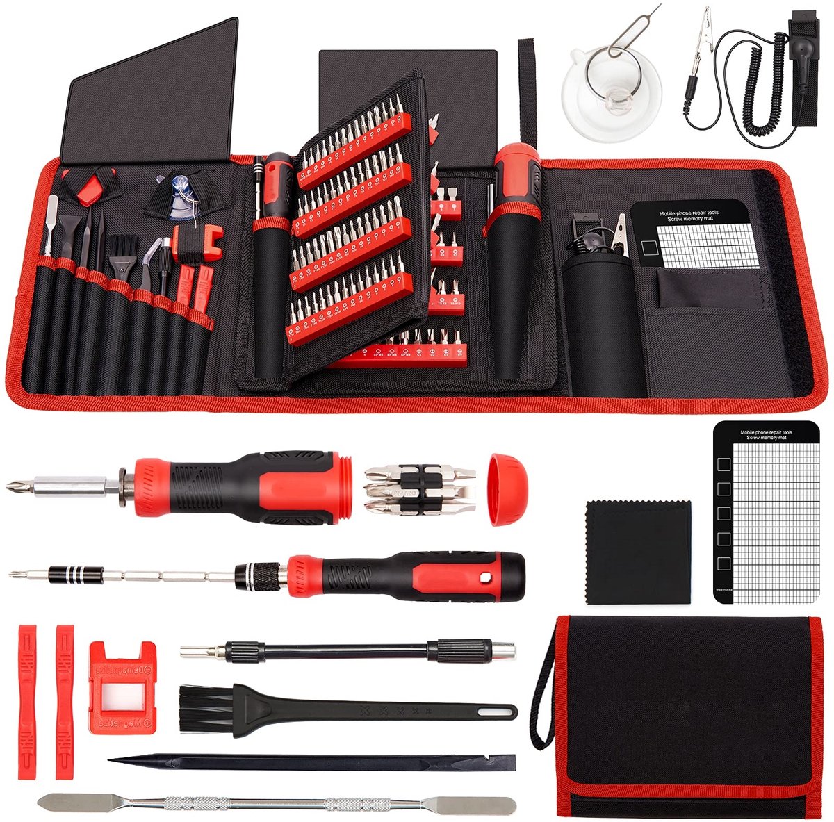 carmdering - Schroevendraaierset - Bitset - Reparatieset - 164 delig, 4mm en 1/4 inch, veiligheidsbits, 60HRC chroomvanadium - Met 27 gereedschappen, ESD polsband - Voor elektronica, HVAC, auto's - Incl. opbergtas - Rood