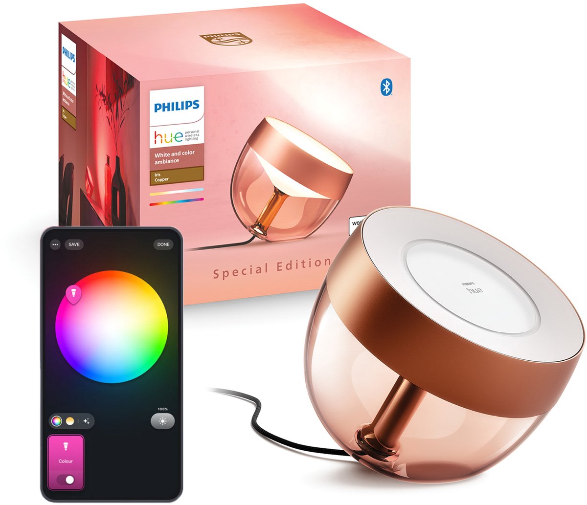 Bol.com Philips Hue Iris tafellamp - wit en gekleurd licht - koper aanbieding