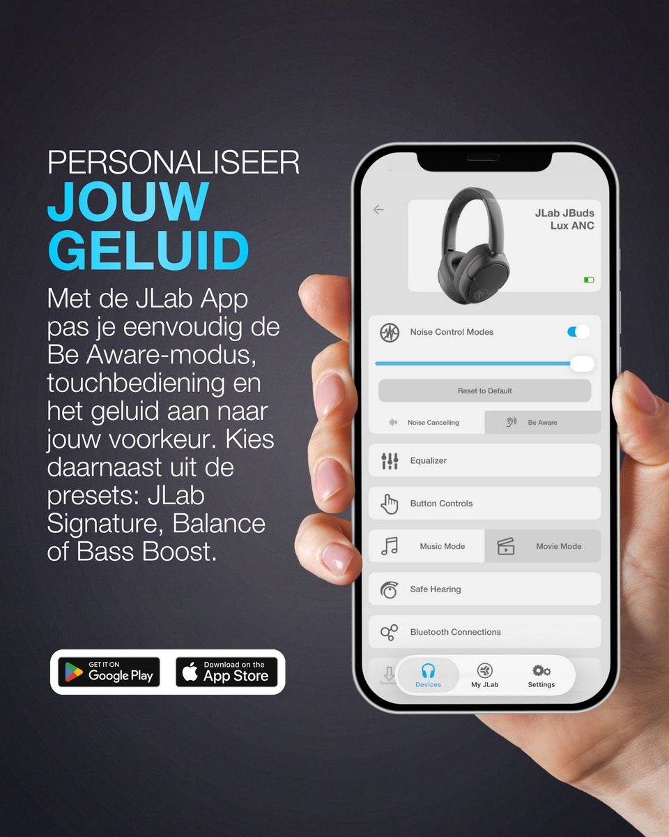 JLab Jbuds Lux ANC Draadloze Koptelefoon Bluetooth - Active Noise Cancelling Over Ear Hoofdtelefoon - 70 uur Batterijduur - Be Aware Audio - Multipoint - Aanpasbare Equalizer - Inklapbaar - Zwart — afbeelding 7