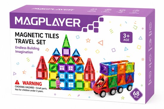 Boîte du jeu de voyage de tuiles magnétiques MAGPLAYER avec un château, une voiture avec remorque et des tuiles magnétiques. Texte 'MAGNETIC TILES TRAVEL SET' et '68 PCS'.