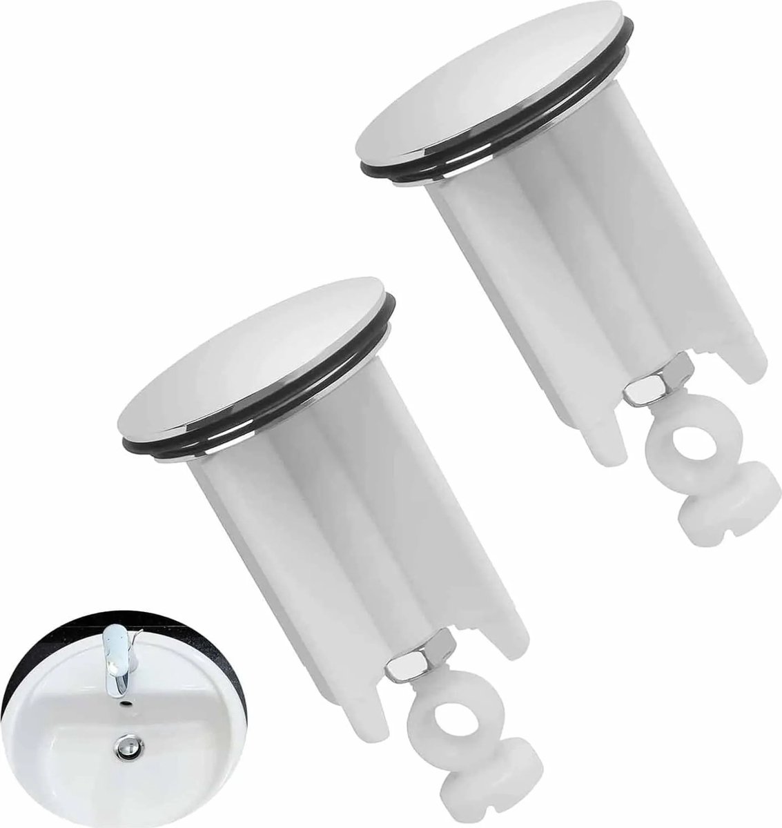 Een set van 2 universele, in hoogte verstelbare premium wastafelstoppen, inclusief 40 mm vervangingsdoppen, geschikt voor wastafels, keukens en badkamers.