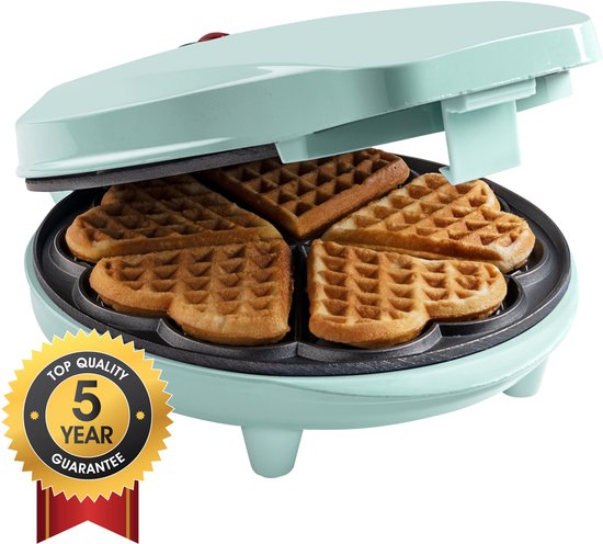 Bestron Wafelijzer - ASW217M - 700W - 5 hartvormige wafels - Anti aanbaklaag - Mint - 5 jaar garantie