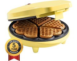 Bestron Wafelijzer - ASW217V - 700W - 5 hartvormige wafels - Anti aanbaklaag - Geel - 5 jaar garantie
