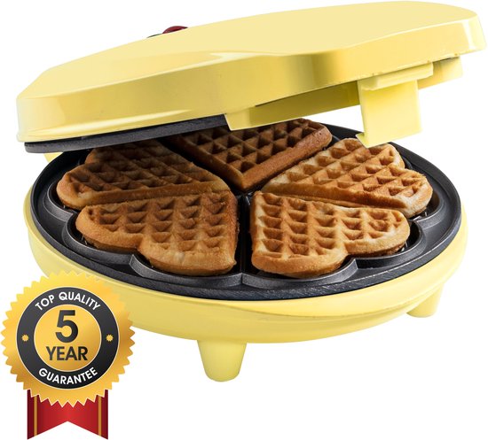Bestron Wafelijzer - ASW217V - 700W - 5 hartvormige wafels - Anti aanbaklaag - Geel - 5 jaar garantie