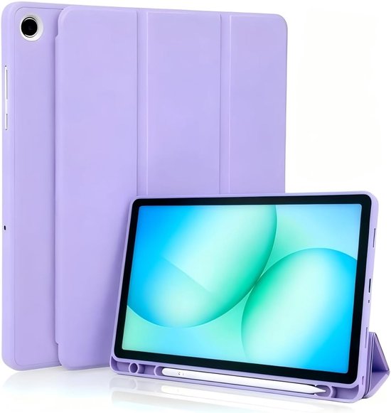 Paarse tablethoes met gesloten flap en een staande tablet.