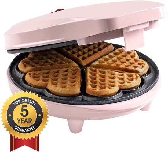 Bestron Wafelijzer - ASW217 - 700W - 5 hartvormige wafels - Anti aanbaklaag - Roze - 5 jaar garantie