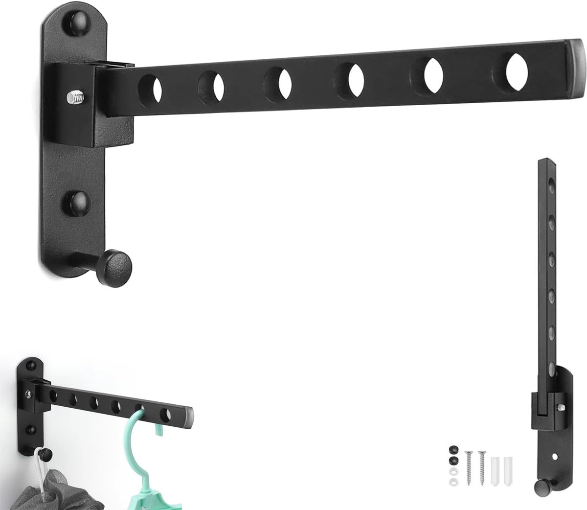 Dailygoods - Dailygoody - Wandrek - Inklapbaar - Opvouwbaar droogrek voor balkon - Zwart - Met haken - Geschikt voor garderobe en badkamer - 90 graden
