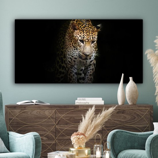 Canvas schilderij 160x80 cm - Wanddecoratie Luipaard - Reflectie - Zwart - Muurdecoratie woonkamer - Slaapkamer decoratie - Kamer accessoires - Schilderijen op canvas