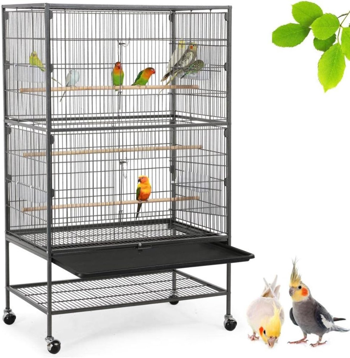 TIM® Vogelkooi - Vogelkooien Voor Binnen & Buiten - Voliere Met Opvangbak Voor Gemakkelijke Reiniging - Papegaaienkooi Op Wieltjes - Parkietenkooi - Kooi – Vogelhuis – Vogelvoliere - Zwart - 79cm x 52cm x 132cm