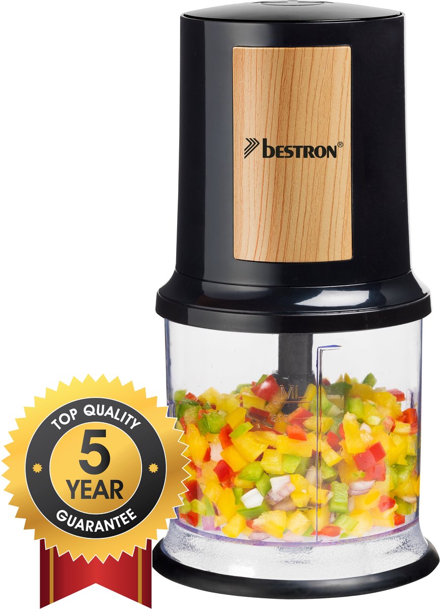 Bol.com Bestron Hakmolen - AKC200BW - 500ml inhoud - 2 RVS messen - Pulsfunctie - Zwart/hout - 5 jaar garantie aanbieding