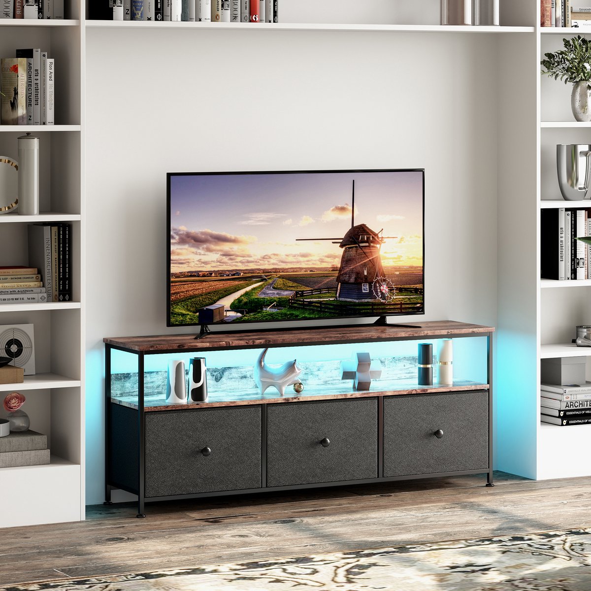 TV-Standaard, LED TV-Standaard, TV-Standaard Opbergruimte, 3 Stoffen Lades, Geïntegreerde Opbergoplossingen, Geoptimaliseerde Kijkervaring Verbeterde Esthetiek (Zwart, 137 cm)