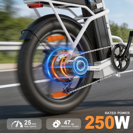 WITAMBIKE C16 Opvouwbare Elektrische Fiets - 250W - 48V 16Ah –Tot 100KM Bereik– Shimano 7 Versnellingen - 20×3.0 Inch - Wit — afbeelding 3