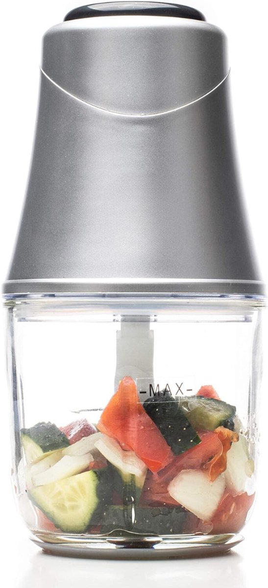 TIM® Hakmolen Elektrisch - Hakmolen Electrisch Met 600 ml Glazen Kom - Food Chopper Met 3 Titanium Messen – Keukenmachine - Groentesnijder - Mandoline - Vleessnijder - Roestvrij Staal - Zilver - 28cm x 15cm x 15cm; 1.61 kg