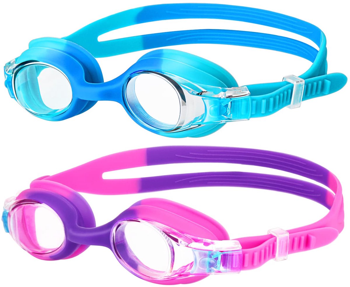 Kinder Zwembril Set - Zwembrilletjes - Lekvrij Zwemmen - Anti-Condens Lens - Leeftijd 6-14 - Blauw & Paars