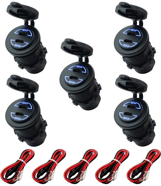 ProRide 12V USB-C Wandcontactdoos Inbouw - 30W - 2 Poorten - QC4.0 - Blauw - Kabel en Zekering - Auto Boot en Camper - 5 stuks