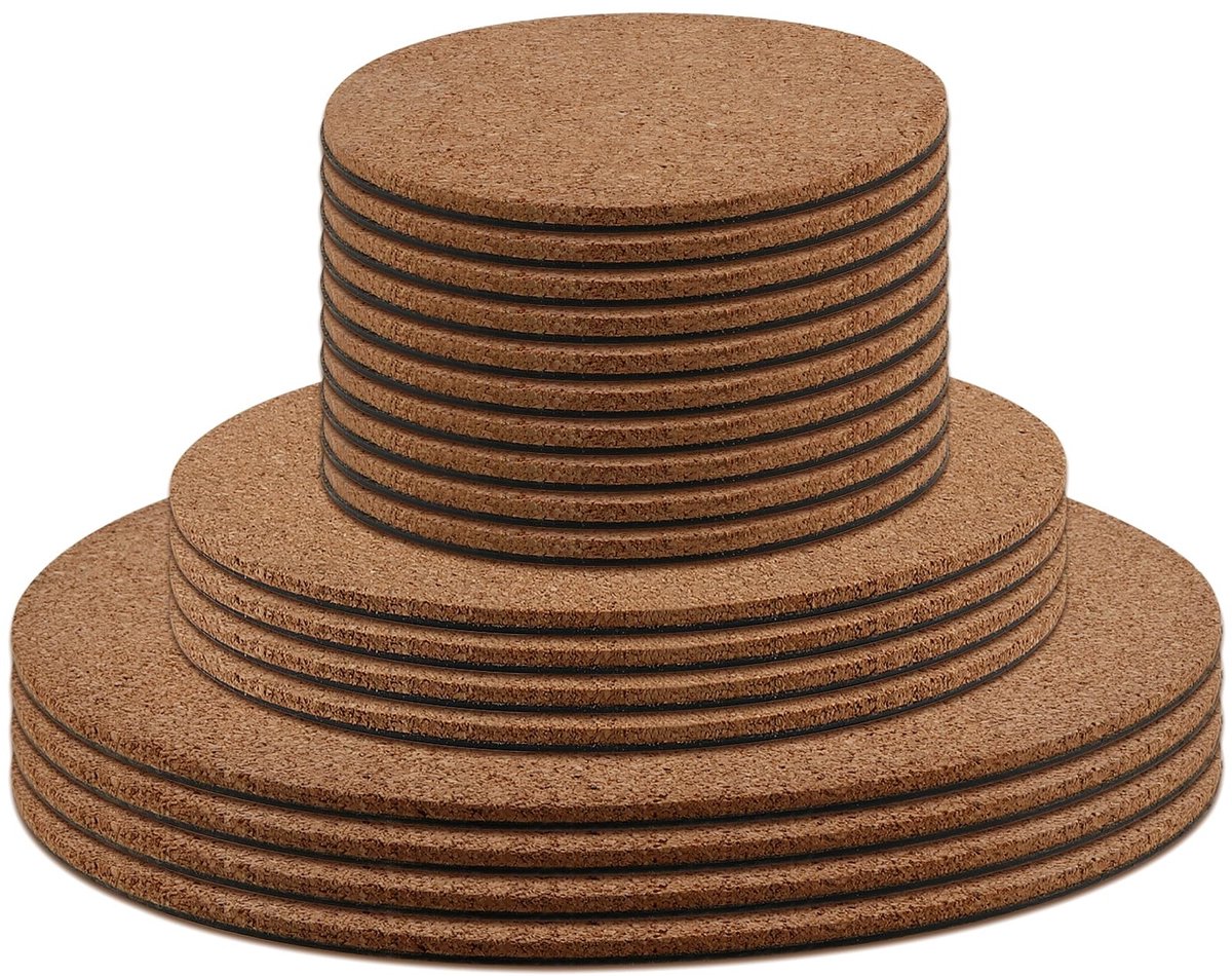 Dailygoods - Dailygoody - Kurken Plantenpotonderzetters - Ronde Kurkplantenmat - Duurzaam en Functioneel - 10 cm 15 cm 20 cm - Perfect voor Tafel en Planten - 18 S.