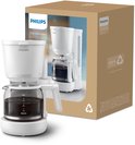 Cafetière Philips blanche avec verseuse en verre dans sa boîte, avec l'image de l'appareil.