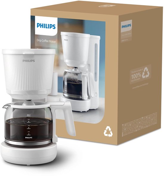 Cafetière Philips blanche avec verseuse en verre dans sa boîte, avec l'image de l'appareil.