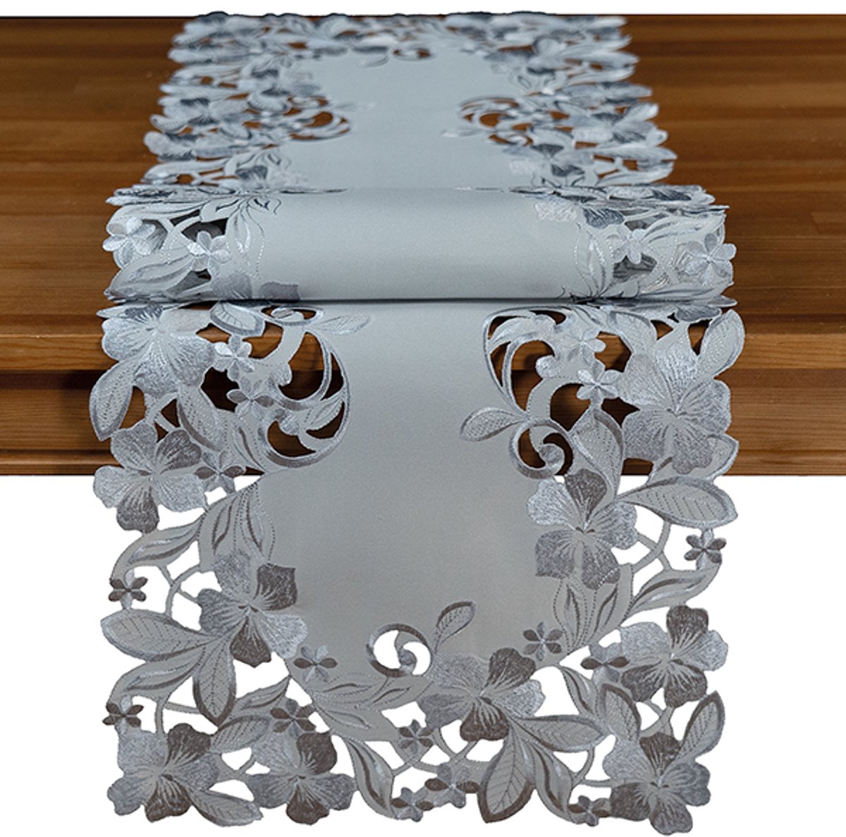 Tafelloper Grijs met Geborduurde Bloemen – 40 x 140 cm – Decoratieve Tafelloper