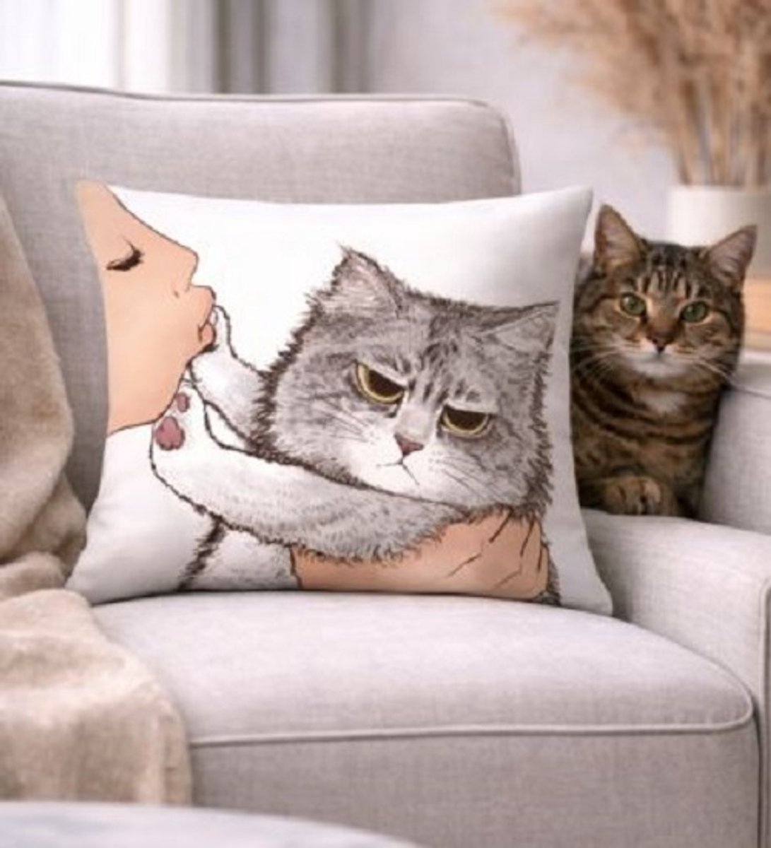 Don't kiss me! kussenhoes kat - kattenkussen - Sierkussen - 45x45 cm