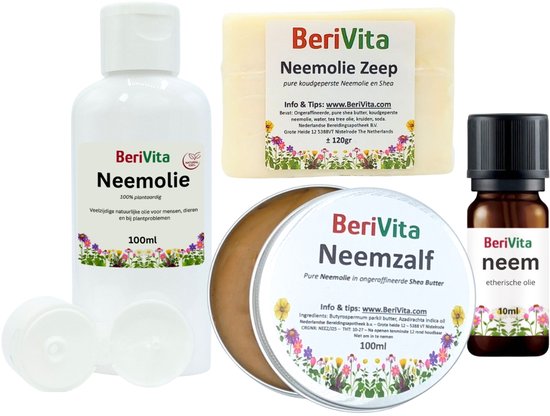 Set van 4 BeriVita neemproducten: 100ml neemolie, 120gr neemzeep, 100ml neemzalf en 10ml etherische olie.