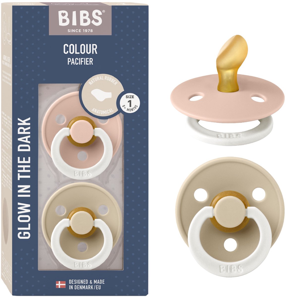 BIBS Colour Glow Fopspeen - 0-6 mnd - 2-pack - anatomische - Blush/Vanilla
