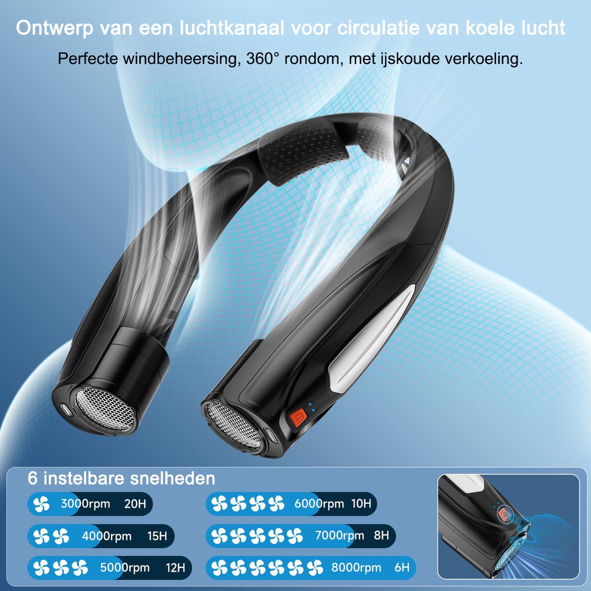 Draagbare NekVentilator -Mini Ventilator USB Oplaadbaar- 6000 mAh Lange Batterijduur - Handsfree gezichtventilator 6 standen met koeling ideaal Voor kampeeruitje Buitensport woon-werkverkeer en Dagelijks Gebruik — afbeelding 10