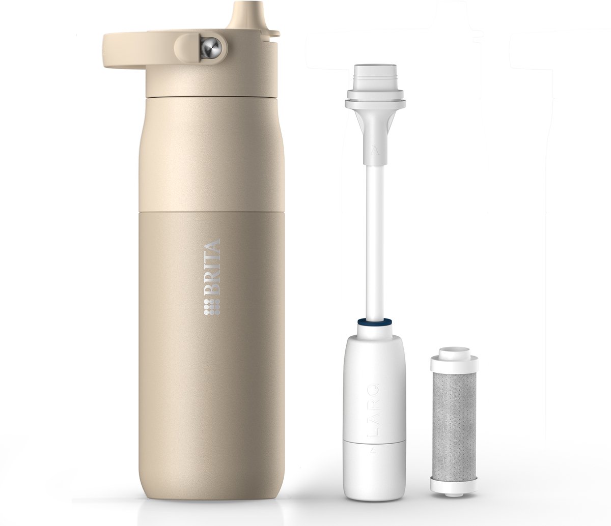 BRITA LARQ Essential waterfles met rietje en waterfilter - Beige - 680ml - RVS waterfles, dubbelwandige thermosfles (24h koud) incl. rietje & actieve koolstoffilter - filtert PFAS, chloor & meer