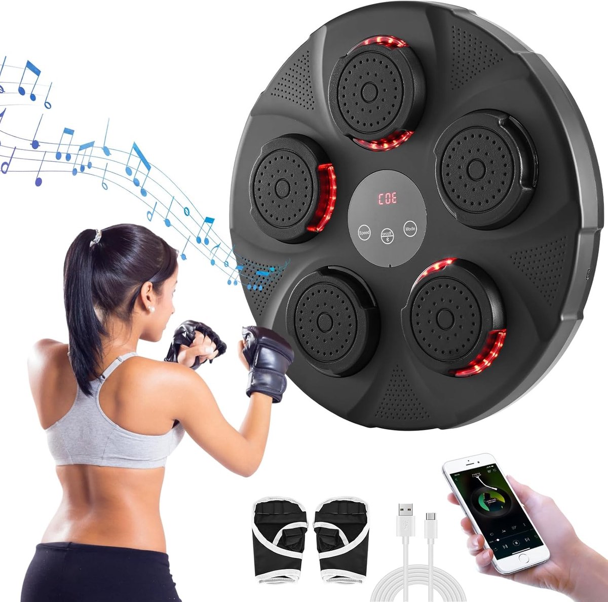 Muziek Wall Boxing, intelligente muziekboxmachine, elektronische boksmachine met Bluetooth-connectiviteit, 2 paar bokshandschoenen, gebruik binnenshuis, voor kinderen/volwassenen