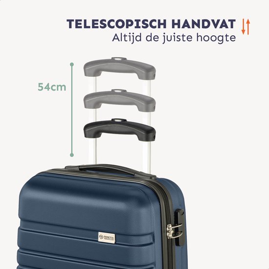 Donkerblauwe koffer met een uitschuifbaar handvat in drie hoogtes. 54cm.
