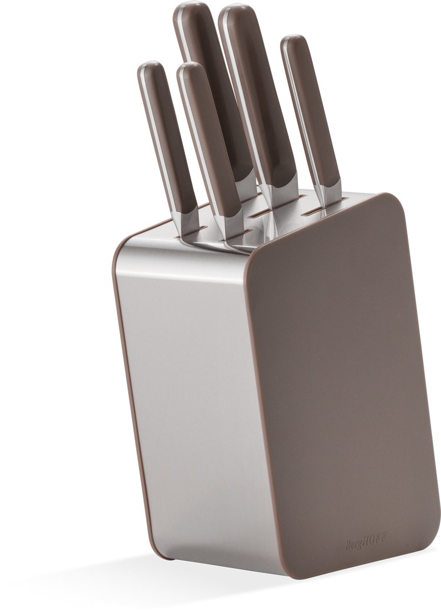 BergHOFF Home Elements Messenblok Set 6-delig – Koksmes, Vleesmes, Santoku, Kartelmes & Schilmes – Complete Messenset met Messenstandaard – Ergonomisch Handvat, Vaatwasbestendig & Roestvrijstale Messen – Aubergine