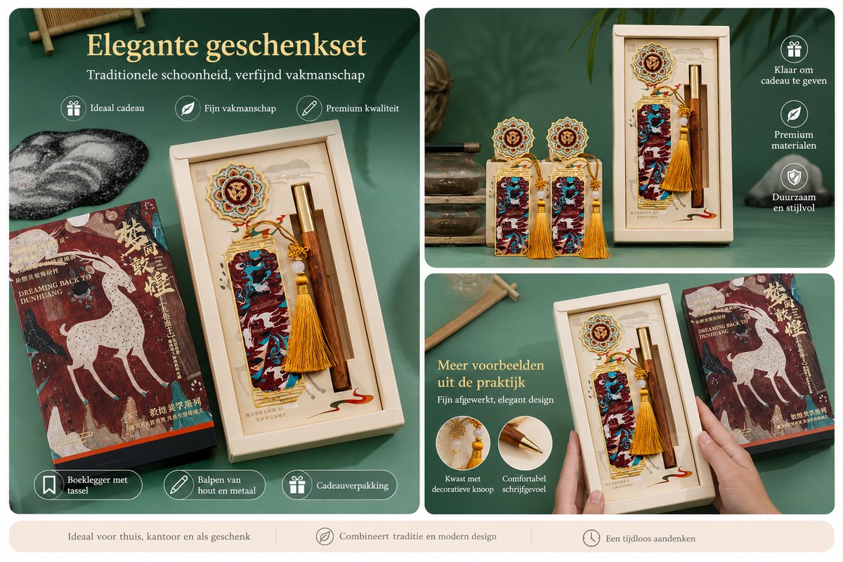 Hawa XW-Luxe Chinese Boekenlegger Set met Tassel en Houten Pen-Cadeau voor Lezers-Gift set voor Moederdag / Juffendag