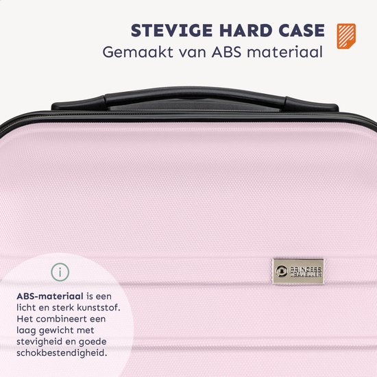 Lichtroze koffer gemaakt van sterk en licht ABS-materiaal. Met handvat en rits.