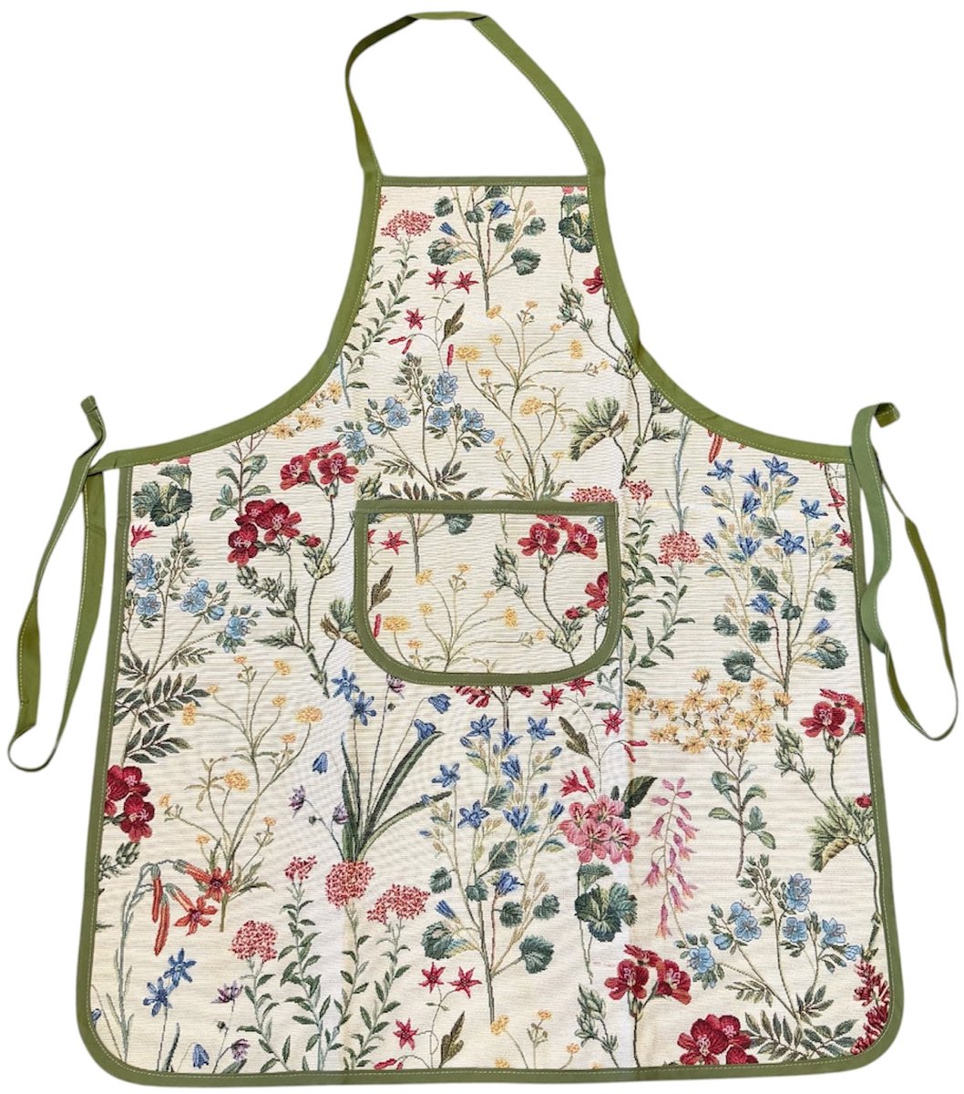 Schort - luxe gobelinstof - Gaby - Veldbloemen - Wilde Bloemen - 85x70 cm - Groene Rand