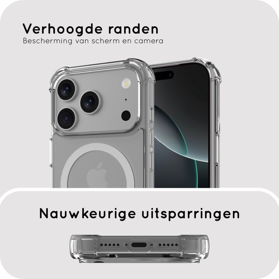 Transparante iPhone 14 Pro hoes met verhoogde randen voor scherm- en cameraprotectie. Nauwkeurige uitsparingen aan de onderkant.