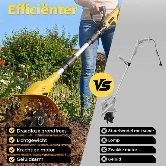 MellWin Accu Grondfrees - Elektrische motorhak - 800 tpm Tuinfrees - met 2 Accu's - 22 cm werkbreedte - 16 cm werkdiepte - voor de tuin, moestuinpercelen van MellWin — afbeelding 5