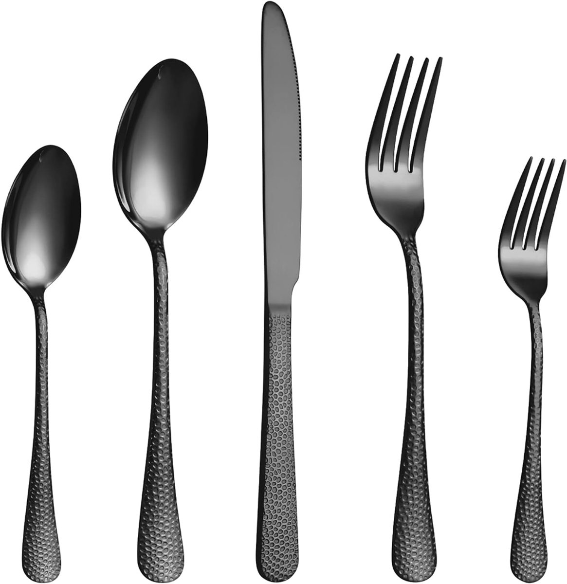 20-delige bestekset voor 4 personen, gehamerd roestvrijstalen bestek met messen, vorken en lepels, geschikt voor familiebijeenkomsten en restaurants, handvatten met afgeronde randen, vaatwasserbestendig, Zwart