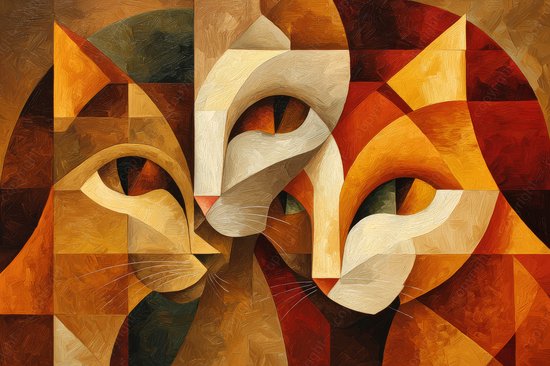 K&C Art (Canvas schilderij) 60x40cm | Abstracte katten in modern kubisme - poes - dier - bruin - geel - oranje - rood - kunst | Woonkamer - slaapkamer - hal - kantoor | Foto schilderij print op canvas - wanddecoratie - muurdecoratie - wall art