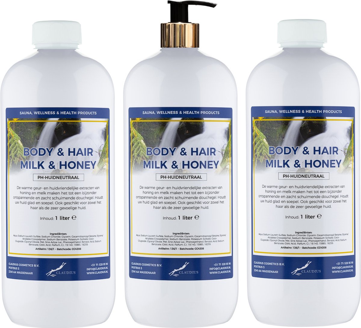 Body & Hair Milk & Honey 1 liter met gouden pomp - set van 3 stuks - 2 in 1 voor lichaam en haar - voordeelverpakking