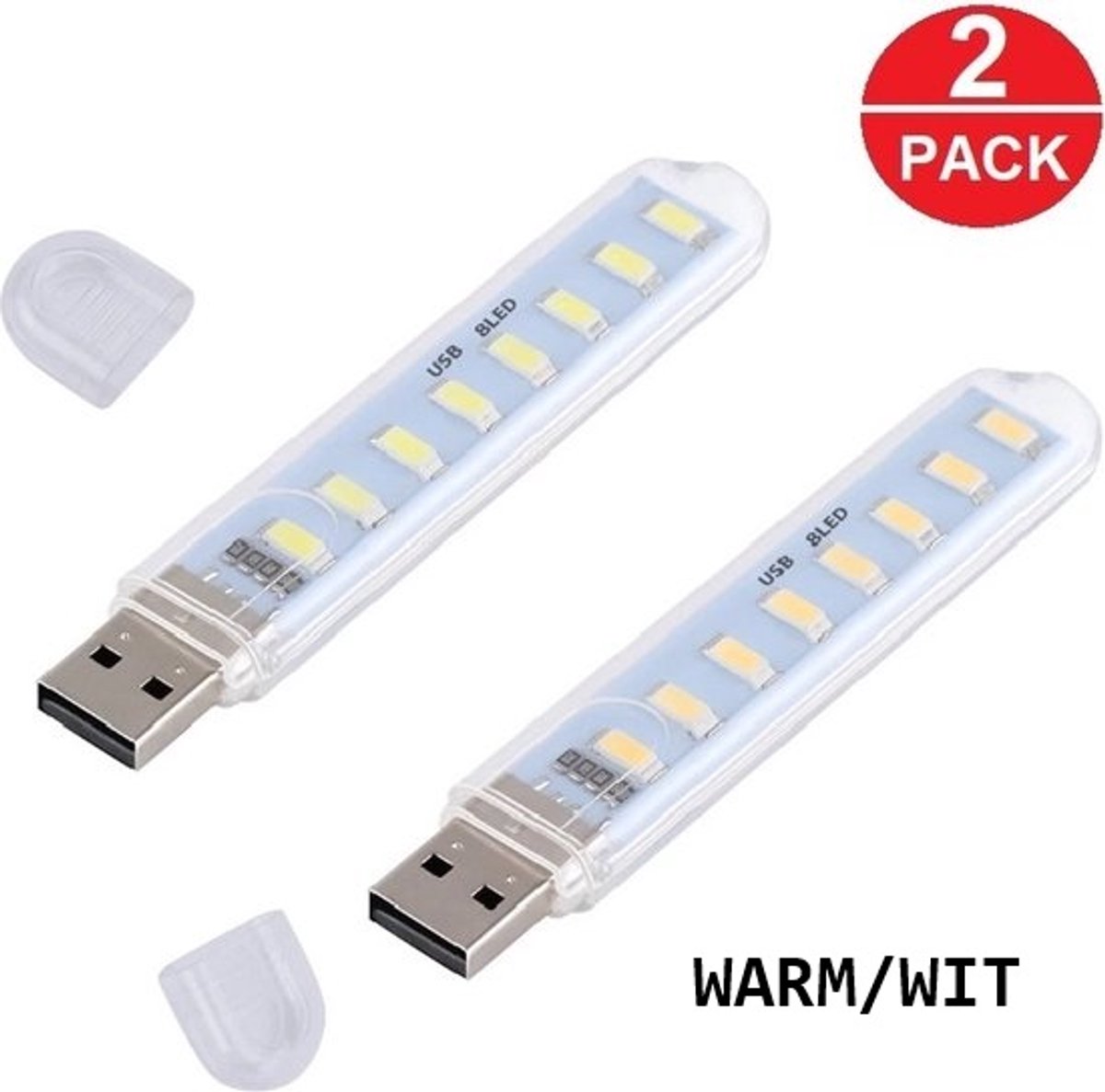 Han-Bar® 2 x Draagbare Mini USB LED Nachtlamp – Warm Wit – 8 LED – Voor Powerbank, Laptop & Noodverlichting